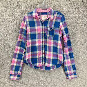 Abercrombie Kids Teen Girls Button Up Shirt Size XL 16 Pink Blue Plaid Summer